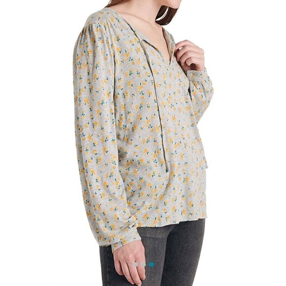 Lucky Brand Gray Peasant Yellow Floral Boho Long Sleeve Blouse M - Picture 3 of 7